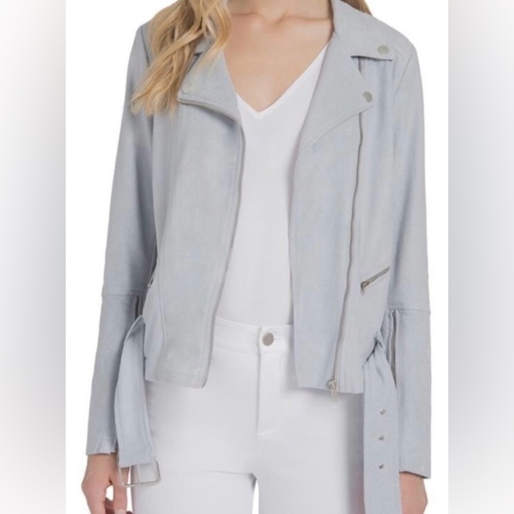 Lysse Light Blue Cory Faux Suede Asymmetrical Zip Belted Moto Jacket Size L